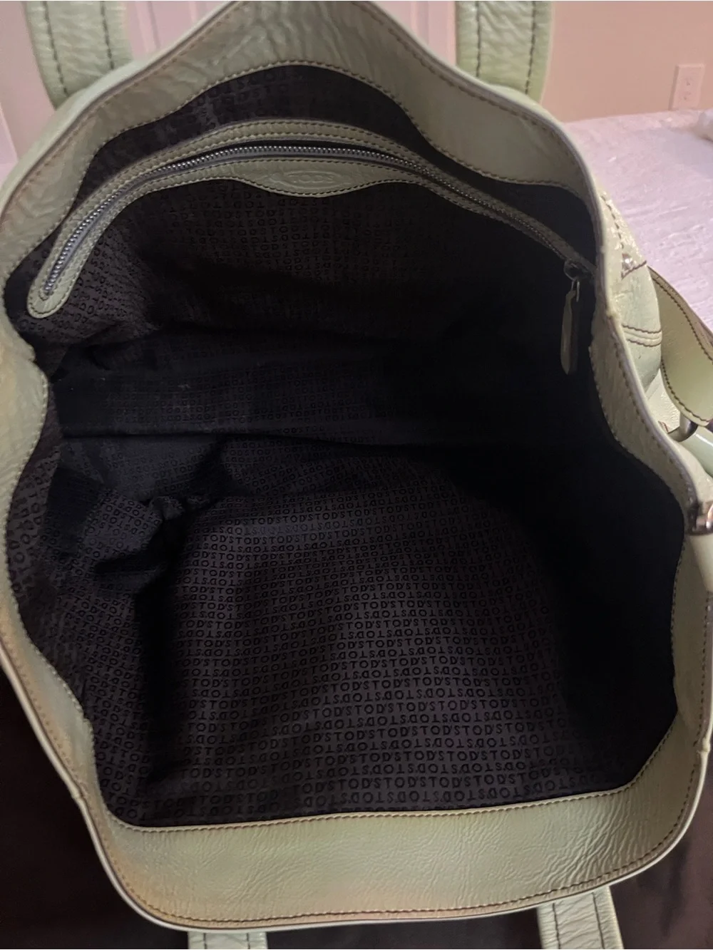 TOD'S Mint Green Leather Tote with Buckle-Front Pocket